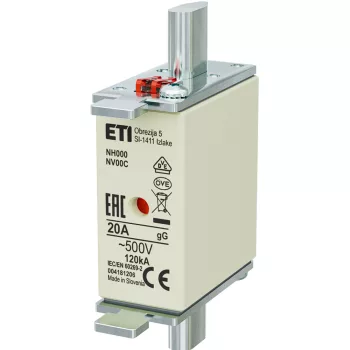   ETI 004181206 BIZTOSÍTÉK NH00/000 20A Biztosító betét NV/NH00 C gL-gG KOMBI 500V késes