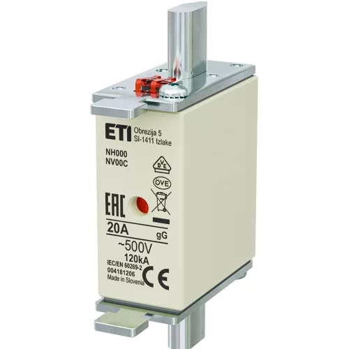 ETI 004181206 BIZTOSÍTÉK NH00/000 20A Biztosító betét NV/NH00 C gL-gG KOMBI 500V késes