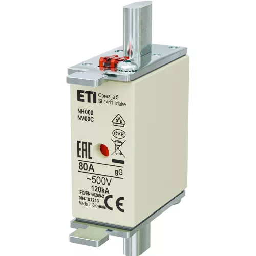ETI 004181213 BIZTOSÍTÉK NH00/000 80A Biztosító betét NV/NH00 C gL-gG KOMBI 500V késes