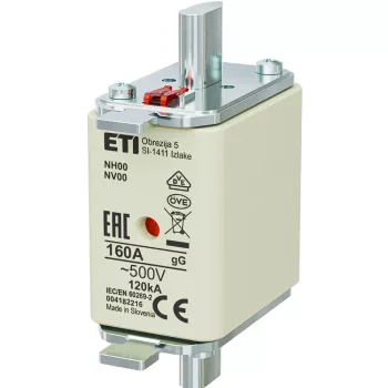   ETI 004182216 BIZTOSÍTÉK NH00/000 160A Biztosító betét NV/NH00 gL-gG KOMBI 500V késes