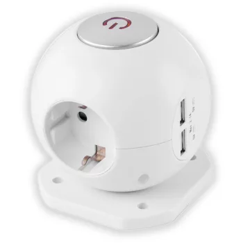 ENTAC ESC1.5G3-USB-GLOBE Gömb elosztó 3 foglalattal, 2x2,1A USB-vel, kapcsolóval, 1,5m vezetékk