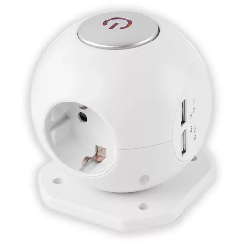 ENTAC ESC1.5G3-USB-GLOBE Gömb elosztó 3 foglalattal, 2x2,1A USB-vel, kapcsolóval, 1,5m vezetékk