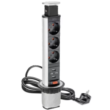   GTV-AE-BPW3S60U-80 Elosztó 3x230V, 2xUSB IP20 ezüst műanyag asztalba süllyesztett 60mm keskeny