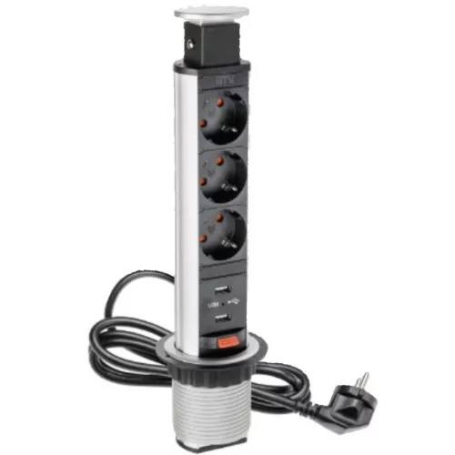 GTV-AE-BPW3S60U-80 Elosztó 3x230V, 2xUSB IP20 ezüst műanyag asztalba süllyesztett 60mm keskeny